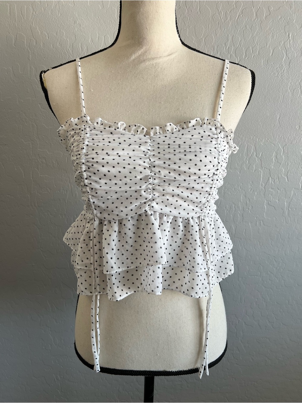 HYFVE White with Black Polka Dot Ruffled Peplum Cami